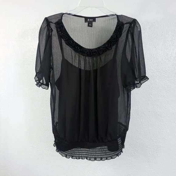 B Wear Women's Black Sheer Floral Short Sleeve Blouse Shirt Tank Top 1 Piece Set - Picture 1 of 14